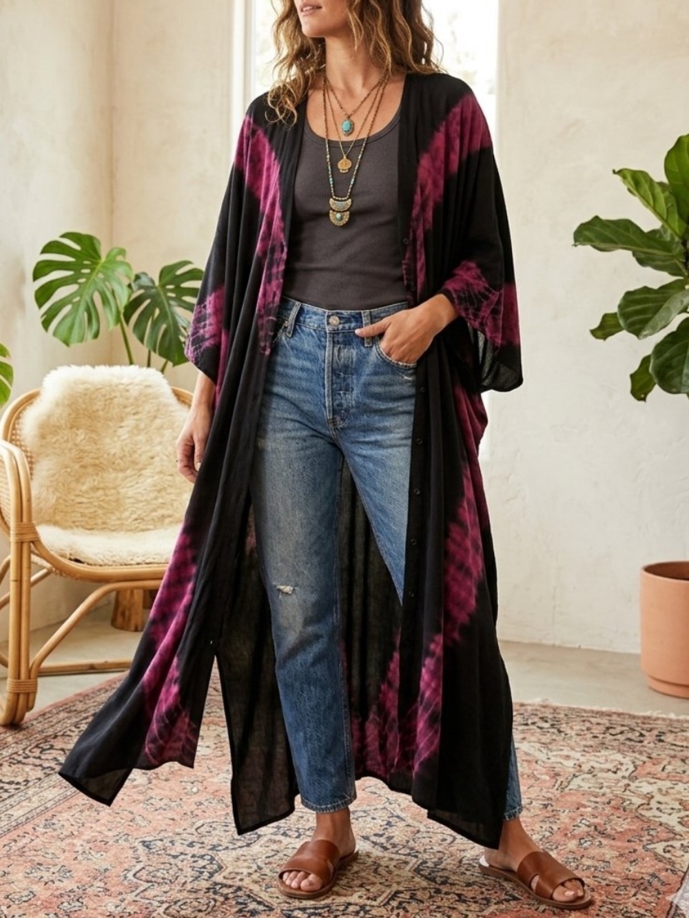 Kantha Bae Crepe Sari Gaia Duster Dress Black Tie Dye Free Size One of a Kind
